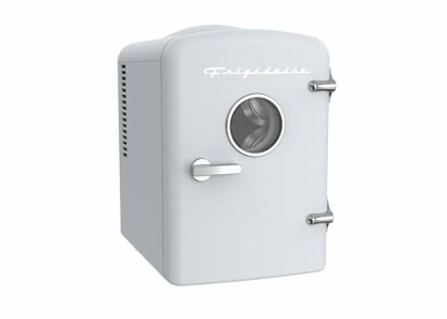 Compact retro-style mini fridge with circular window.