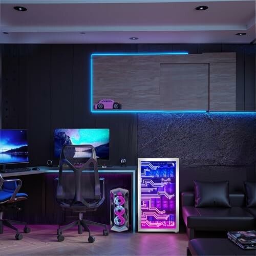 Futuristic gaming room with dual monitors, LED lights, and gaming chair.