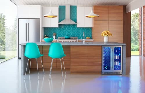 Modern kitchen with turquoise chairs and backsplash, wood cabinets, and a wine cooler.