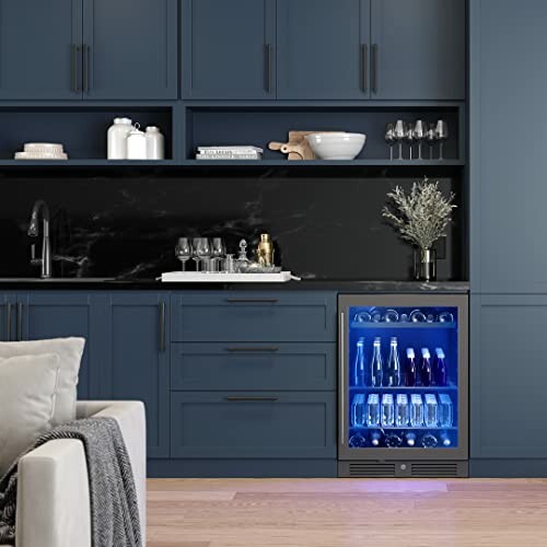 Modern kitchen with blue cabinets and wine fridge.