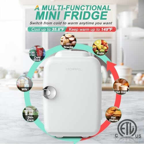 Multi-functional mini fridge with cooling and warming features.