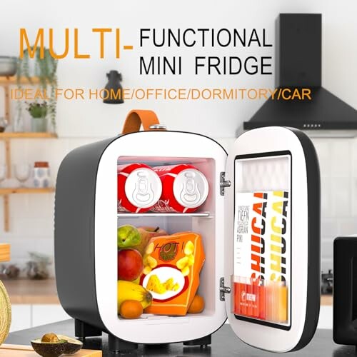Open multi-functional mini fridge with drinks and snacks.