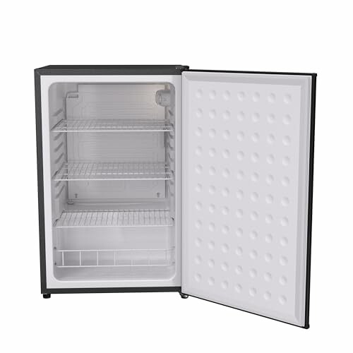 Open mini fridge with empty shelves.