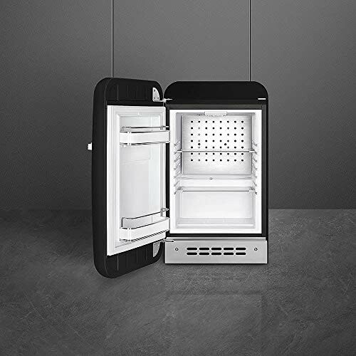 Open mini fridge with shelves and door compartments.
