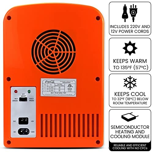 Back view of an orange portable cooler and warmer with power options and features.