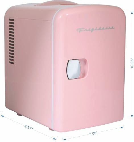 Pink mini fridge with handle and ventilation slots