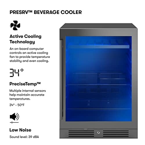 Presrv beverage cooler with active cooling, precise temperature control, and low noise features.