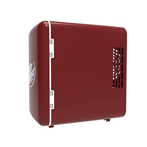 Red mini fridge with vent and logo on side