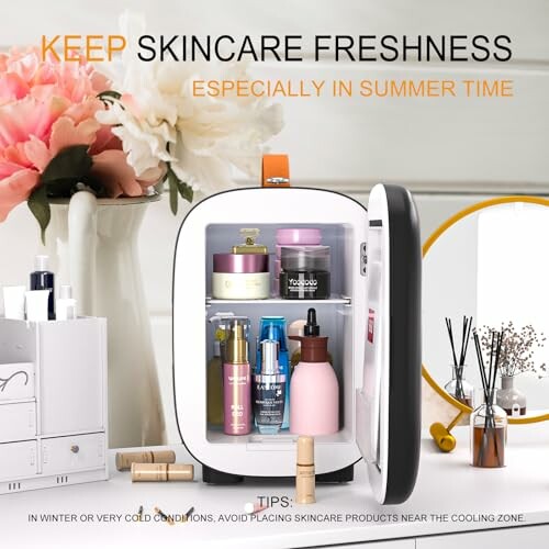 Open mini fridge with skincare products and flowers nearby.