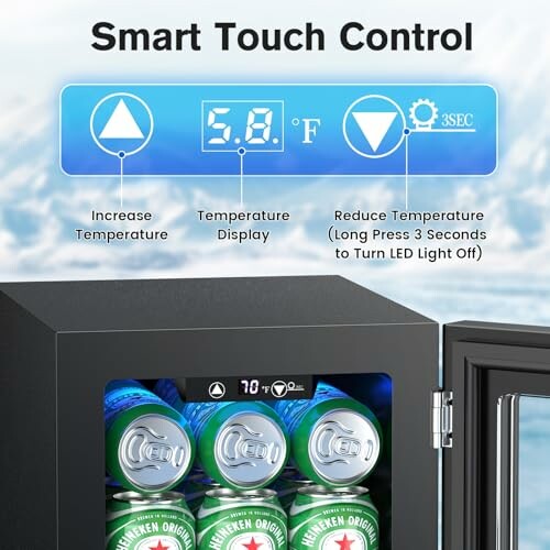 Smart touch control panel on mini fridge showing temperature and settings.
