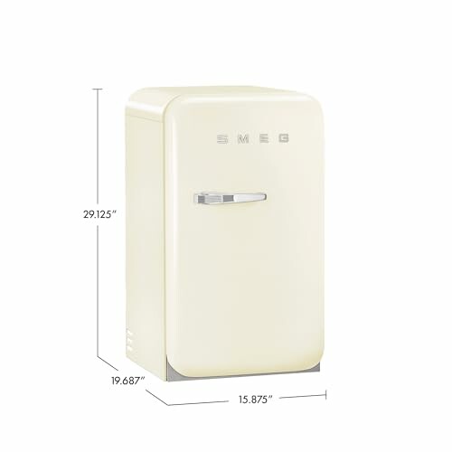 Cream-colored Smeg mini fridge with dimensions.