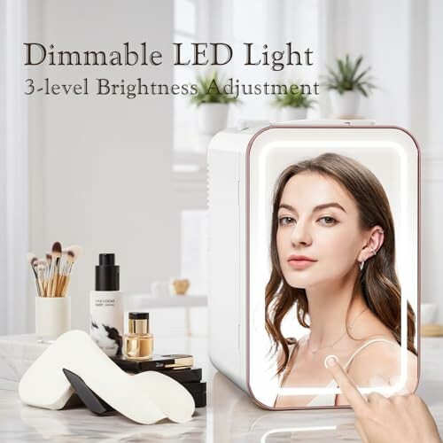 Woman using a dimmable LED vanity mirror with cosmetics on the counter.