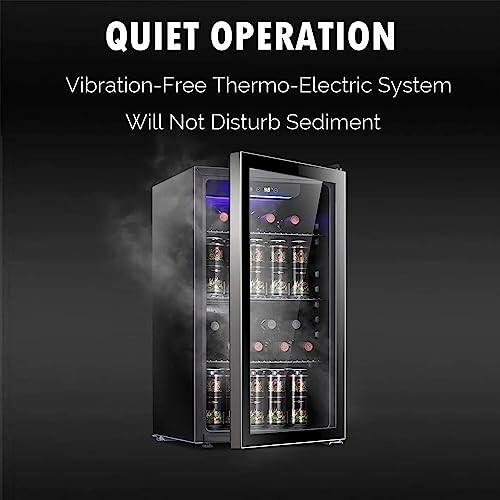 Wine cooler with quiet operation feature, vibration-free thermo-electric system.