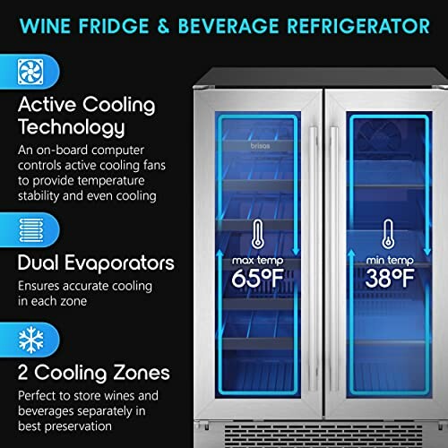 Wine fridge with dual cooling zones and beverage refrigerator.